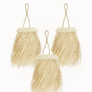 May include: Three decorative hanging ornaments. Each ornament features a natural, beige-colored raffia skirt with a fluffy, cream-colored trim. The ornaments are suspended by a twisted rope loop. The text "3 Units" is at the top.