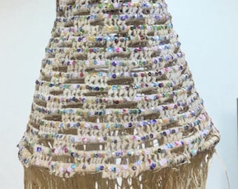Handgeflochtene Raffia Pendelleuchte: Marokkanischer Boho Lampenschirm mit Pailletten