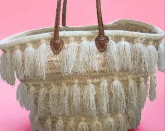 Handmade Moroccan Straw Tote Bag | Boho Tassel Beach Basket