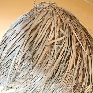 Puede incluir: L&aacute;mpara colgante artesanal hecha con hojas de palma secas, creando una pantalla texturizada. La l&aacute;mpara se suspende de una cuerda trenzada. El dise&ntilde;o evoca un estilo tropical o bohemio, con un enfoque en materiales naturales.
