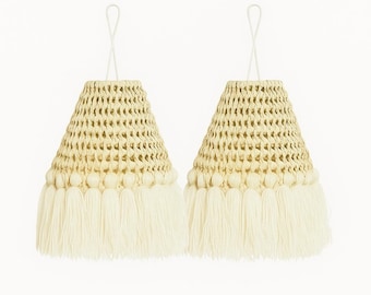 2er Set handgefertigte Lampenschirme aus Palmenblättern - Boho Fransendekor