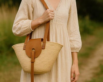 May include: A beige straw tote bag with brown leather accents. The bag has a flap closure and a long strap. The bag is held by a person wearing a beige dress. The background is blurred green.