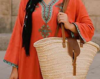 Handwoven Moroccan Straw Tote – Leather Accents, French Market Bag