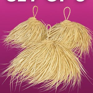 Puede incluir: Tres elementos decorativos de color natural, similares a la rafia, con asas en forma de lazo. Los art&iacute;culos tienen una parte superior redondeada y una parte inferior con flecos y fluida. El texto "SET OF 3" se muestra en blanco, en negrita, sobre un fondo magenta.