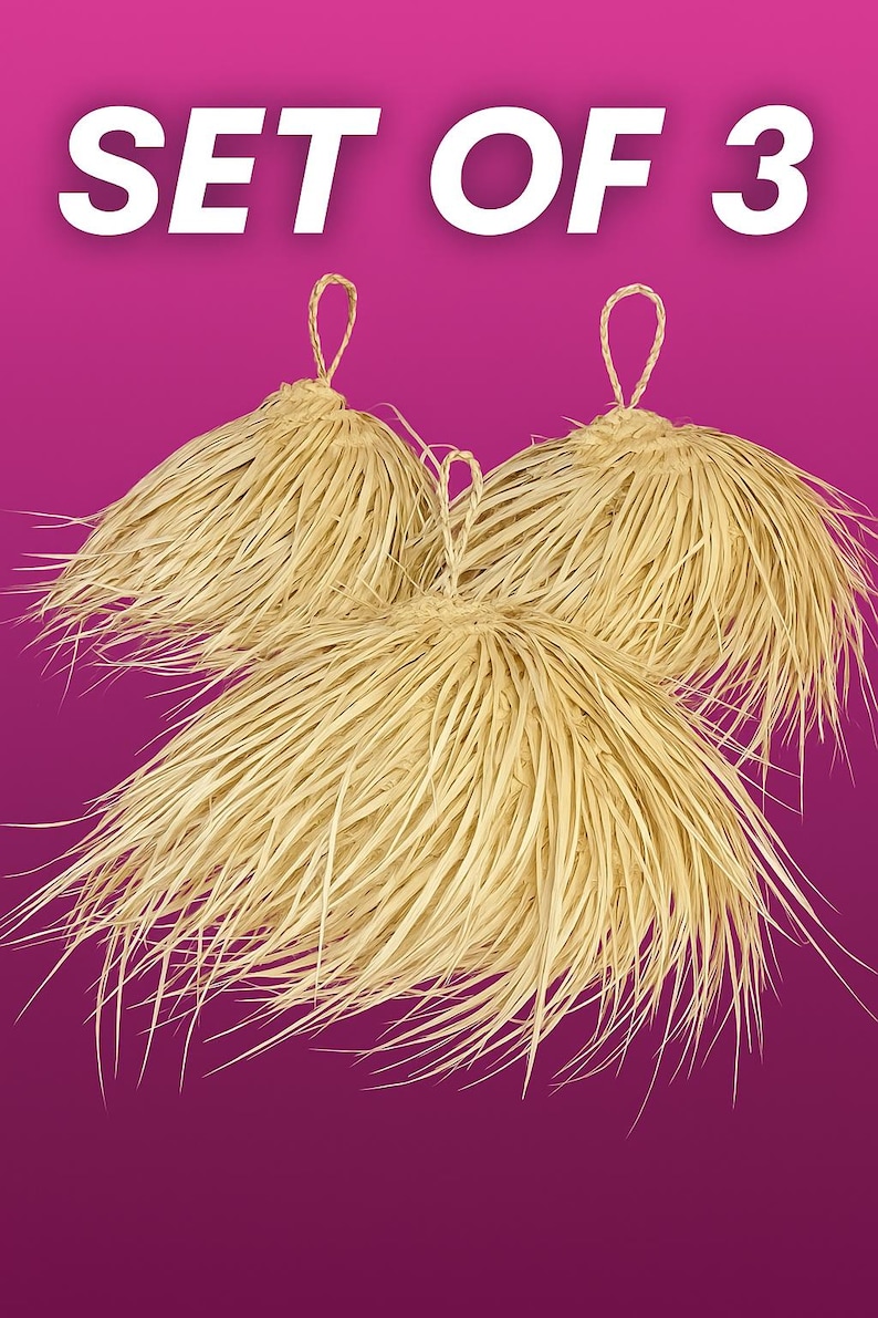 Puede incluir: Tres elementos decorativos de color natural, similares a la rafia, con asas en forma de lazo. Los art&iacute;culos tienen una parte superior redondeada y una parte inferior con flecos y fluida. El texto "SET OF 3" se muestra en blanco, en negrita, sobre un fondo magenta.