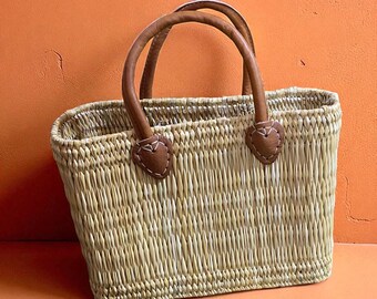 Handwoven Moroccan Straw Tote Bag: Leather Handles, Bohemian Market Basket