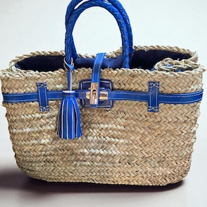 Handwoven Moroccan Palm Leaf Handbag: Blue Leather Boho Tote
