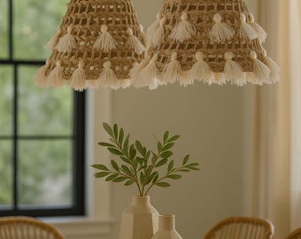 Pantalla colgante tejida marroquí hecha a mano - Decoración bohemia con hojas de palma y borlas