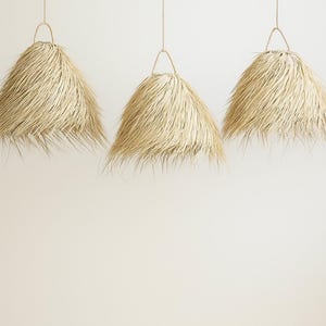 Puede incluir: Tres l&aacute;mparas colgantes con pantallas de paja natural suspendidas de finos cordones. Las pantallas tienen forma c&oacute;nica con un borde con flecos, y cuelgan contra una pared neutra. Las luces son de un color c&aacute;lido y neutro.