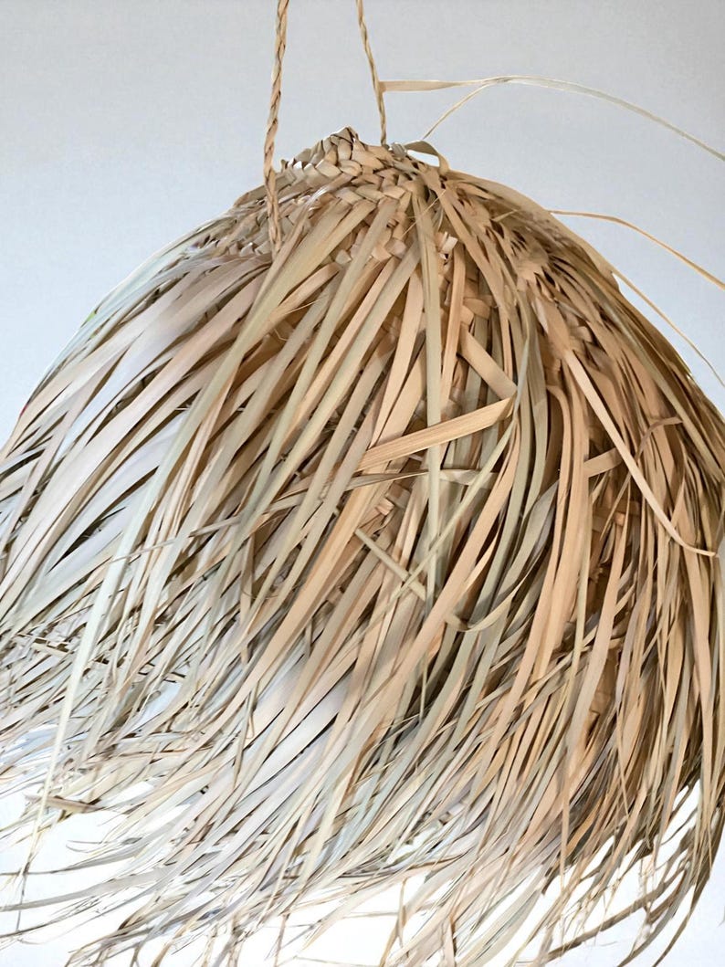 Puede incluir: Una l&aacute;mpara colgante tejida natural. La pantalla est&aacute; hecha de hojas de palma secas, creando un efecto texturizado y en capas. La l&aacute;mpara se suspende con una cuerda tejida.