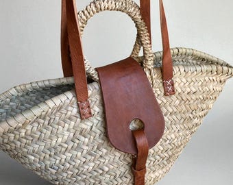 Handmade Moroccan Straw Tote Bag: Woven Beach Basket with Leather Handles
