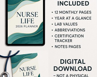 Printable Nurse Planner 2026 – PDF Calendar & Organizer Lab values-RN/LPN Organizer