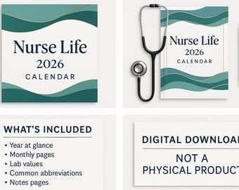 Nurse Life 2026 Planner Printable | Digital Calendar PDF | RN LPN Organizer | Lab Values