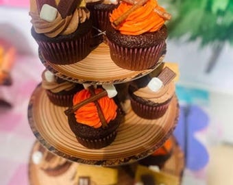 Cupcake Stand Set 7 Piece | Rustic Cake Stand & Serving Trays for Camping Party, Hunting Theme, Baby Shower, Birthday Dessert Display