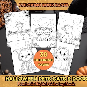 May include: A collection of Halloween-themed coloring book pages featuring cats and dogs in various costumes and settings. The pages are black and white line drawings, with pumpkins and witch hats. The text reads "COLORING BOOK PAGES" and "HALLOWEEN PETS CATS & DOGS".