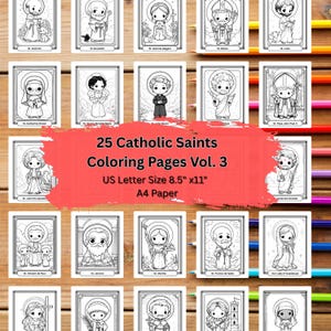 Könnte beinhalten: Eine Sammlung von 25 Ausmalbildern katholischer Heiliger, Band 3, in einem Raster angeordnet. Die Seiten haben das US Letter-Format, 21,6 cm x 27,9 cm, und zeigen Cartoon-Illustrationen verschiedener Heiliger. Der Text "25 Catholic Saints Coloring Pages Vol. 3" wird angezeigt.