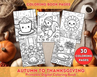 Kleurboek herfst Thanksgiving voor kinderen | Leuke pagina's Pompoenen, bladeren, kalkoenen | Leuk activiteitenboek | Afdrukbare herfst | Digitale download