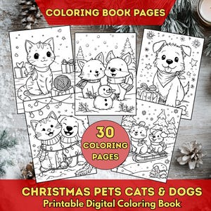 May include: A collection of black and white coloring book pages featuring cats and dogs in festive Christmas scenes. The pages include images of pets with gifts, snowmen, and holiday decorations. The text reads "COLORING BOOK PAGES" and "CHRISTMAS PETS CATS & DOGS".