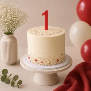 May include: A round, cream-colored cake with a red number one candle on top. The cake is decorated with small, colorful sprinkles and sits on a white cake stand. Red and white balloons are in the background.