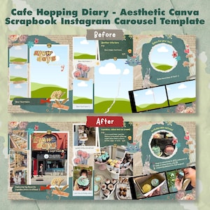 Modelo de carrossel sem emendas para Instagram com scrapbook estético no Canva, pulando de café em café para criadores gourmets, layouts fofos de café, estilo de colagem com recorte de papel