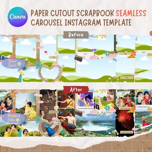 Modelo de Scrapbook para Instagram: Carrossel Sem Costura | Modelo de Postagem Digital para Scrapbook com Recortes de Papel no Instagram