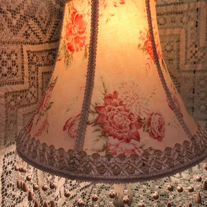 Shabby Chic Lampshade with lovely floral of roses beaded fringe and French gimp trim