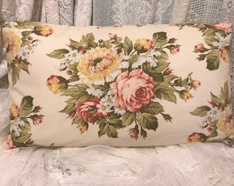 SHABBY CHIC Pillow Cover ROMANTIC Cottage Roses in Sweet Colors lumbar pillow yellow and pink floral