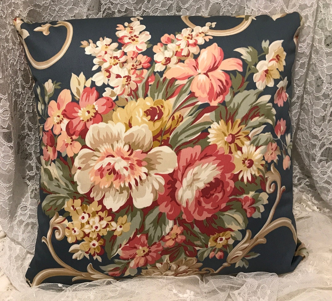 Dramatic Pillows DRAMATIC SUMMER GARDEN Floral Pillow Cover Pink Cabbage Roses on Denim ...