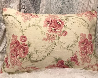 FRENCH COUNTRY Style Pillow Cover GORGEOUS Cabbage Roses Vintage linen pink, yellow and green shabby chic colors lumbar size