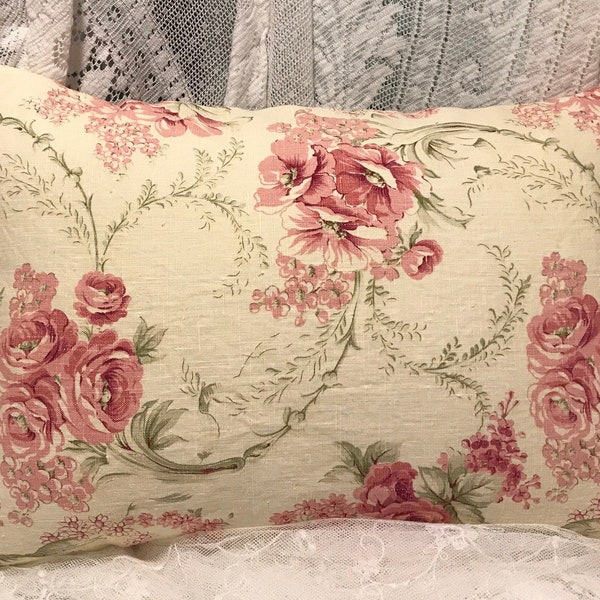 FRENCH COUNTRY Style Pillow Cover GORGEOUS Cabbage Roses Vintage linen pink, yellow and green shabby chic colors lumbar size