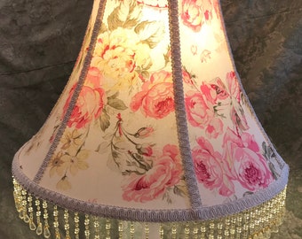 Shabby Chic style Lampshade with Vintage CABBAGE ROSES Fabric French Trims and SPARKLING Beaded fringe