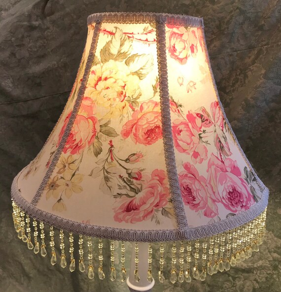 Shabby Chic Style Lampshade With Vintage CABBAGE ROSES Fabric French Trims and SPARKLING Beaded Fringe Etsy