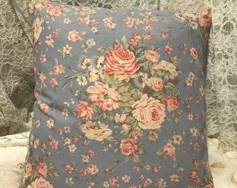 RALPH Lauren Pillow Cover SHELTER ISLAND Baby Blue With Sweet Pink Roses Shabby French Country Cottage Pillow Sham