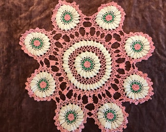 Large Pink and white ROSES DOILY VINTAGE Handmade Thick Dimensional Roses 19 inches