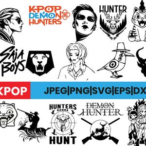 Puede incluir: Una colección de gráficos vectoriales en blanco y negro con varios diseños. Se incluyen retratos, ilustraciones de animales y elementos de texto como "KPOP DEMON HUNTERS" y "SAJA BOYS". La imagen también muestra opciones de formato de archivo.