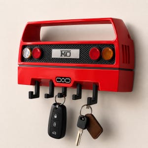 Peut inclure: Un porte-clés rouge en forme de l'arrière d'une voiture, avec le numéro "F40" sur une plaque argentée. Il comporte des crochets noirs pour les clés et est fixé au mur. Deux jeux de clés sont suspendus.