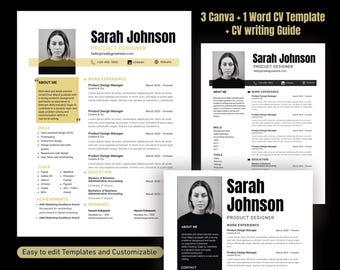 Könnte beinhalten: Schwarz-weiß-Bild mit drei Lebenslaufvorlagen mit dem Namen "Sarah Johnson" und der Berufsbezeichnung "Product Designer". Die Vorlagen sind in Schwarzweiß mit goldenen Akzenten gehalten. Text enthält "3 Canva + 1 Word CV Template + CV writing Guide."