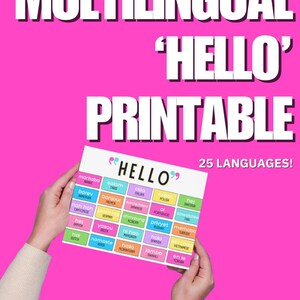 May include: A pink background with the words "MULTILINGUAL 'HELLO' PRINTABLE" in white. A person holds a card with "HELLO" and "25 LANGUAGES!" The card displays "hello" in various languages.