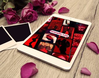 Könnte beinhalten: Ein weißes Tablet mit einer Collage aus roten Bildern auf dem Bildschirm. Die Collage enthält Bilder von Lippen, einer Frau in einem roten Kleid und einem roten Hintergrund mit dem Text "Scorpio szn".