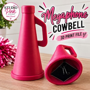 May include: Two bright pink megaphone cowbells with handles. One stands upright while the other lies on its side, revealing a black metal clapper inside. Text in the image reads: Studio Pink Designs, Megaphone COWBELL, 3D PRINT FILE.