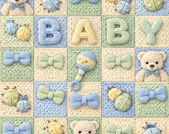 Carta da regalo per neonato, motivo a maglia e uncinetto blu, carta da regalo per baby shower, carta da regalo con orsacchiotto per la cameretta