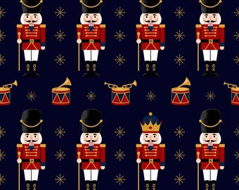 May include: A repeating pattern on a dark blue background featuring toy soldiers in red uniforms with black hats, one soldier wearing a gold crown, interspersed with red and blue drums, gold trumpets, and small gold starburst shapes.