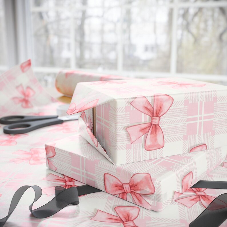 Papel de regalo a cuadros con lazo rosa, papel de bellas artes de 90 g/m² imagen 4