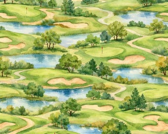 Watercolor Golf Course Wrapping Paper | Scenic Fairways Pattern