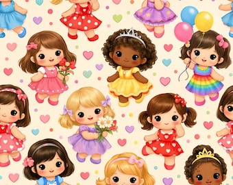 Girls Birthday Wrapping Paper | Cute Kawaii Doll Gift Wrap, Pastel Kids Birthday Paper, Fun Princess Party Wrap