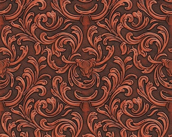 May include: A seamless pattern featuring a repeating design of embossed, swirling floral and scrollwork in a reddish-brown hue. The design includes stylized bull skulls. The background is a darker brown, creating a three-dimensional effect.