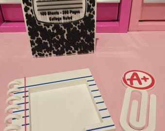 Cute Composition Desk Set | Teacher Desk Organizer | 3D Printed Pen Holder, Sticky Note Holder, Jumbo Paper Clip | Teacher Gift