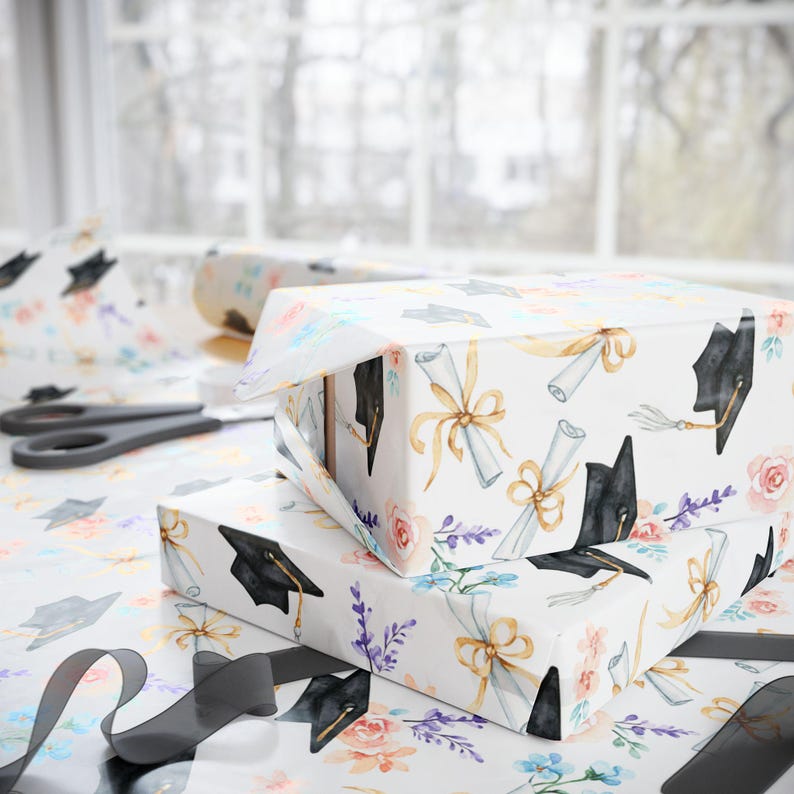 Floral Graduation Cap Wrapping Paper, Graduation Gift Wrap for Grad ...