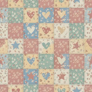 May include: A patchwork pattern featuring squares in pastel colors: light blue, green, pink, and yellow. Each square contains a heart or star shape, or a floral design. The design is reminiscent of a quilt.