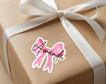 Adesivo con nome a forma di fiocco rosa acquerello / Adesivo fustellato con nome personalizzato / Adesivo carino personalizzato per bottiglie d'acqua e regali